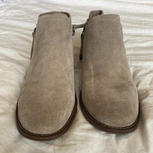 Greige, suede, ankle booties.